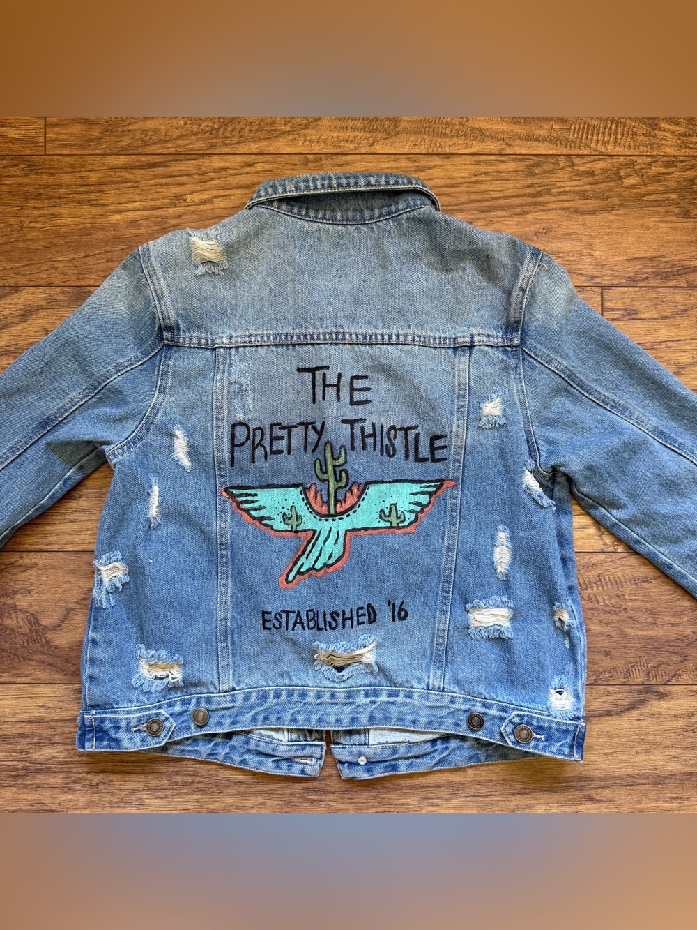 KanCan Distressed Denim Jacket Women Large Hand Painted Western Boho Streetwear